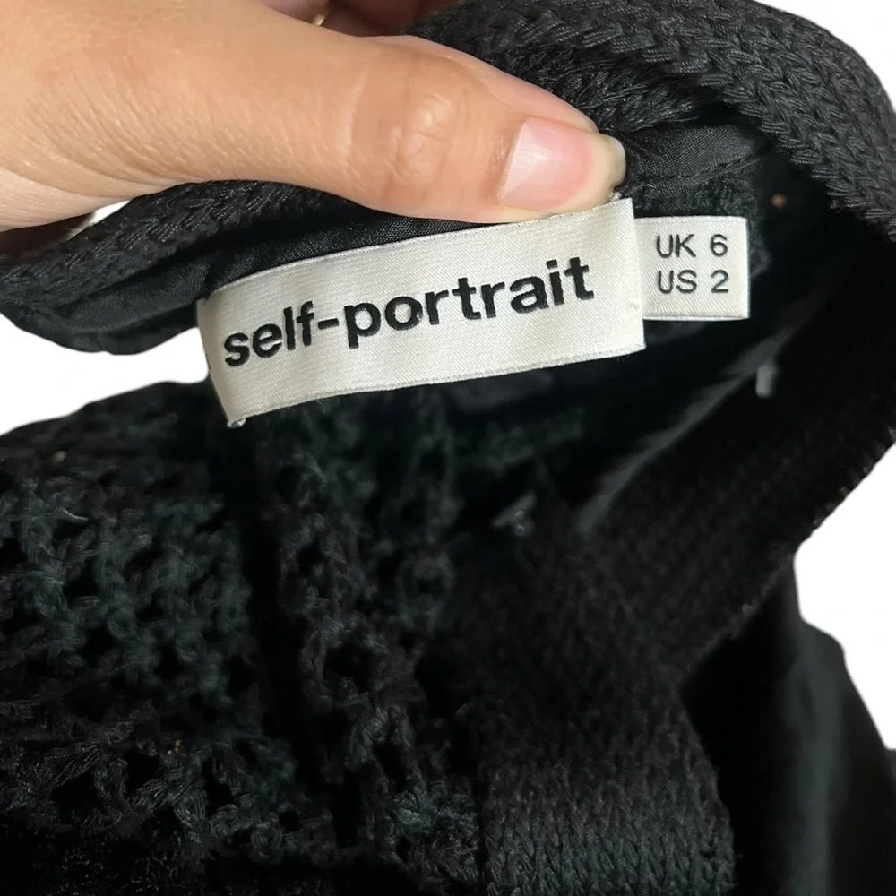 SELF-PORTRAIT Sheer Crochet Lace High Neck Black Sweater Top